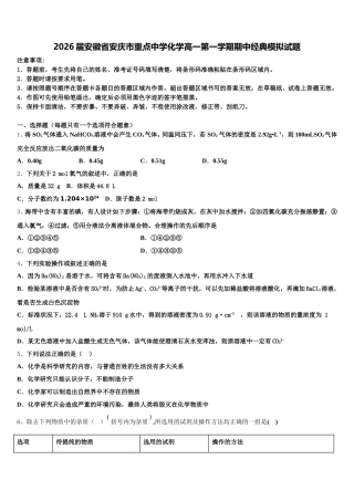 2026届安徽省安庆市重点中学化学高一第一学期期中经典模拟试题含解析