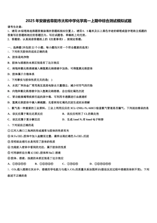 2025年安徽省阜阳市太和中学化学高一上期中综合测试模拟试题含解析