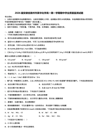 2026届安徽省滁州市英华化学高一第一学期期中学业质量监测试题含解析