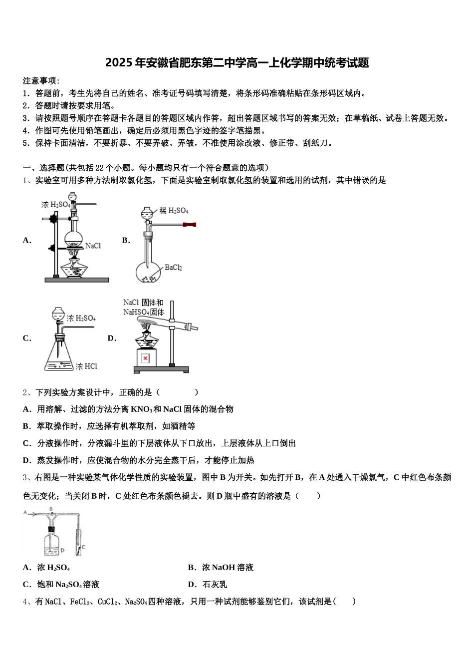2025年安徽省肥东第二中学高一上化学期中统考试题含解析_第1页