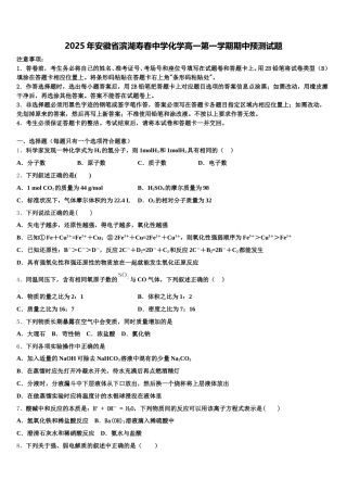 2025年安徽省滨湖寿春中学化学高一第一学期期中预测试题含解析