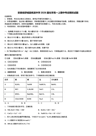安徽省舒城县桃溪中学2026届化学高一上期中考试模拟试题含解析