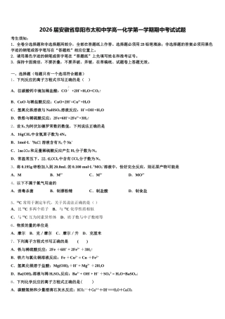 2026届安徽省阜阳市太和中学高一化学第一学期期中考试试题含解析