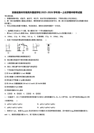 安徽省滁州市海亮外国语学校2025-2026学年高一上化学期中联考试题含解析