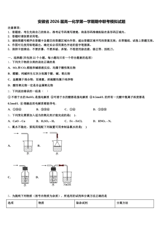 安徽省2026届高一化学第一学期期中联考模拟试题含解析