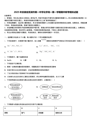 2025年安徽省芜湖市第一中学化学高一第一学期期中联考模拟试题含解析