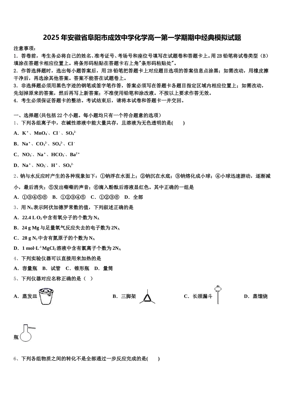 2025年安徽省阜阳市成效中学化学高一第一学期期中经典模拟试题含解析_第1页
