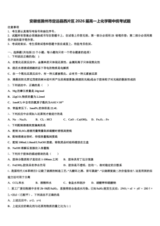 安徽省滁州市定远县西片区2026届高一上化学期中统考试题含解析