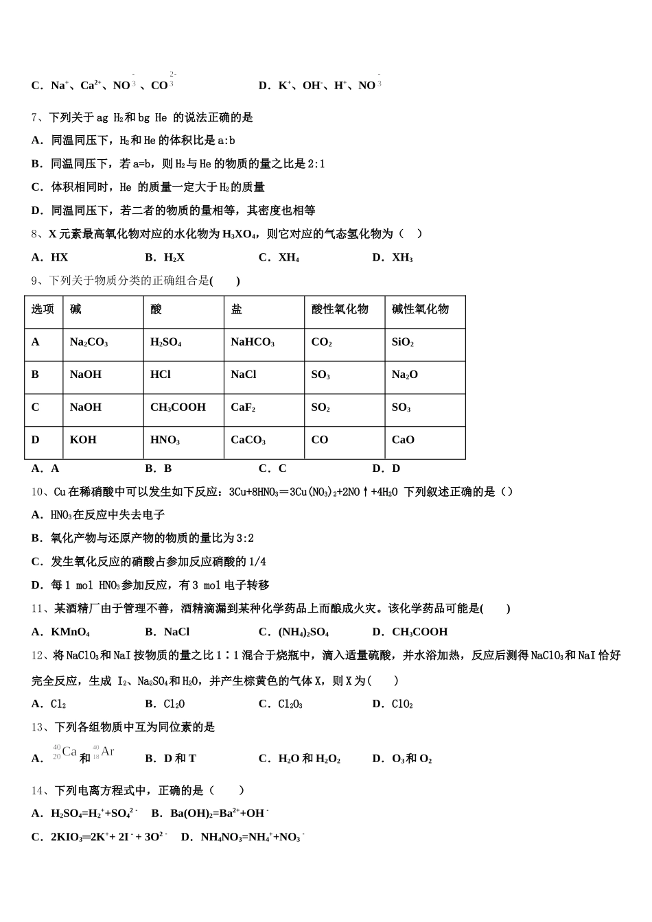 2025年安徽省萧县中学高一上化学期中教学质量检测试题含解析_第2页
