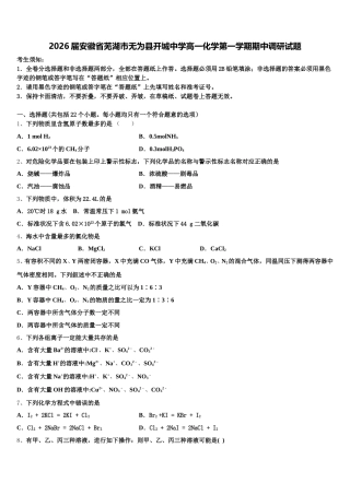 2026届安徽省芜湖市无为县开城中学高一化学第一学期期中调研试题含解析