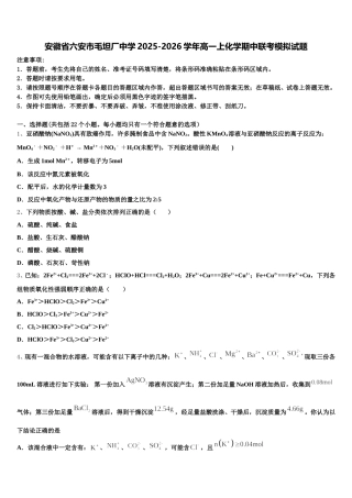 安徽省六安市毛坦厂中学2025-2026学年高一上化学期中联考模拟试题含解析