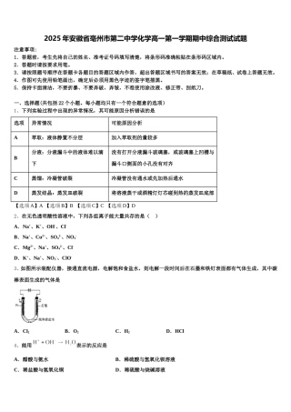 2025年安徽省亳州市第二中学化学高一第一学期期中综合测试试题含解析