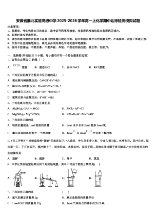 安徽省淮北实验高级中学2025-2026学年高一上化学期中达标检测模拟试题含解析