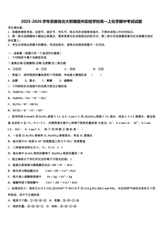 2025-2026学年安徽省北大附属宿州实验学校高一上化学期中考试试题含解析