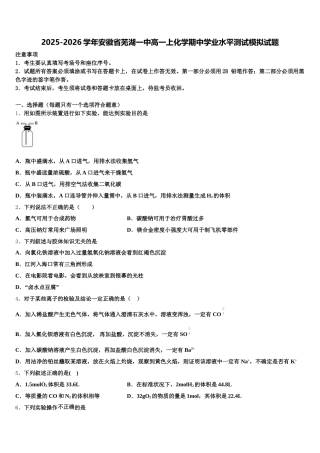 2025-2026学年安徽省芜湖一中高一上化学期中学业水平测试模拟试题含解析