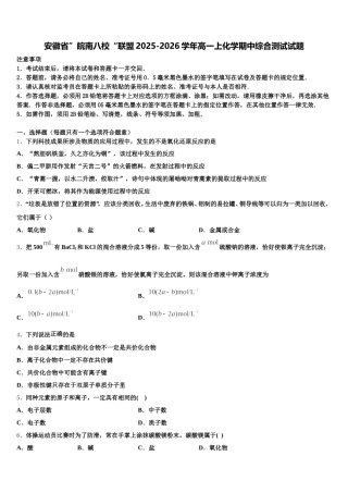 安徽省”皖南八校“联盟2025-2026学年高一上化学期中综合测试试题含解析