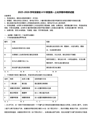 2025-2026学年安徽省A10联盟高一上化学期中调研试题含解析