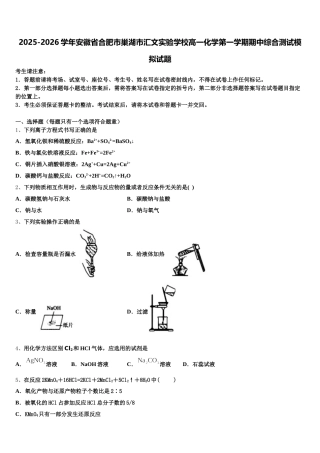 2025-2026学年安徽省合肥市巢湖市汇文实验学校高一化学第一学期期中综合测试模拟试题含解析