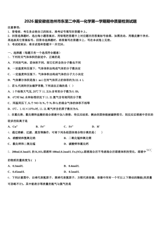 2026届安徽省池州市东至二中高一化学第一学期期中质量检测试题含解析