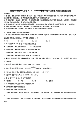 合肥市第四十八中学2025-2026学年化学高一上期中质量跟踪监视试题含解析