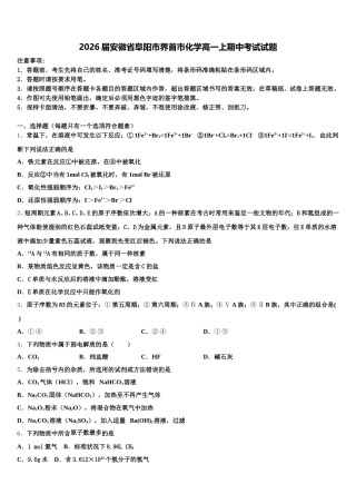 2026届安徽省阜阳市界首市化学高一上期中考试试题含解析