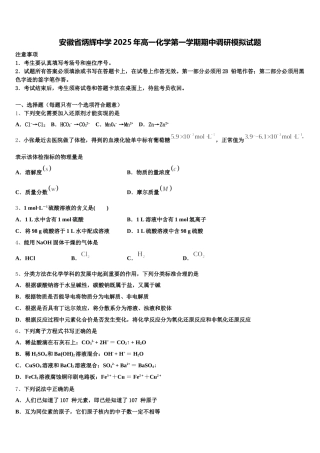 安徽省炳辉中学2025年高一化学第一学期期中调研模拟试题含解析