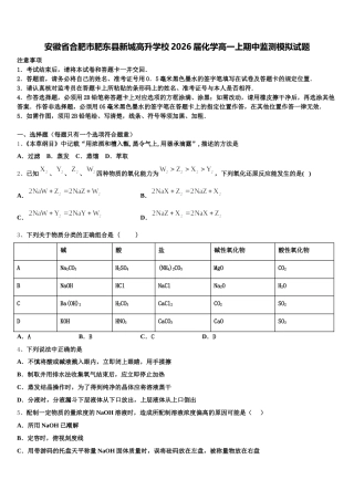 安徽省合肥市肥东县新城高升学校2026届化学高一上期中监测模拟试题含解析
