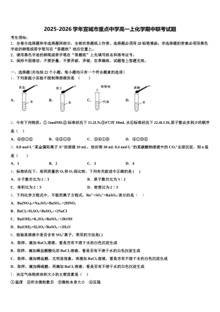 2025-2026学年宣城市重点中学高一上化学期中联考试题含解析