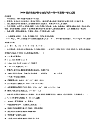 2026届安徽省庐巢七校化学高一第一学期期中考试试题含解析