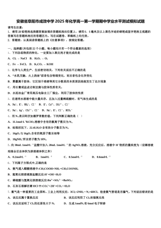 安徽省阜阳市成效中学2025年化学高一第一学期期中学业水平测试模拟试题含解析