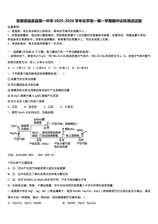 安徽省临泉县第一中学2025-2026学年化学高一第一学期期中达标测试试题含解析