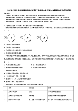 2025-2026学年安徽省马鞍山市第二中学高一化学第一学期期中复习检测试题含解析