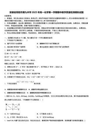 安徽省阜阳市第九中学2025年高一化学第一学期期中教学质量检测模拟试题含解析