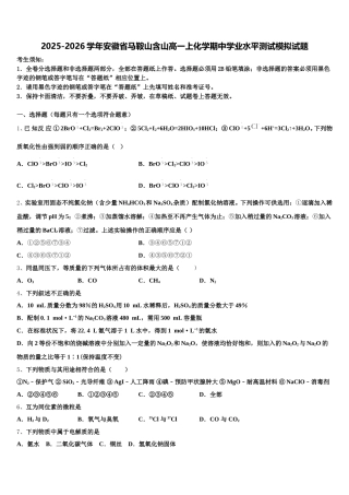 2025-2026学年安徽省马鞍山含山高一上化学期中学业水平测试模拟试题含解析