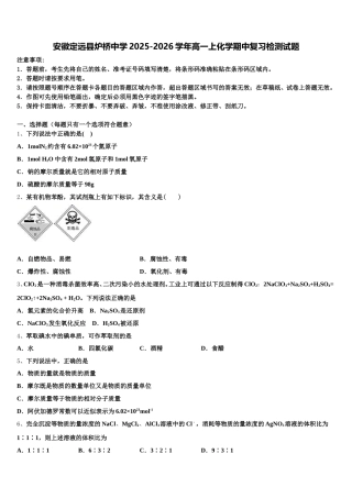 安徽定远县炉桥中学2025-2026学年高一上化学期中复习检测试题含解析