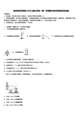 安徽省蚌埠两校2026届化学高一第一学期期中教学质量检测试题含解析