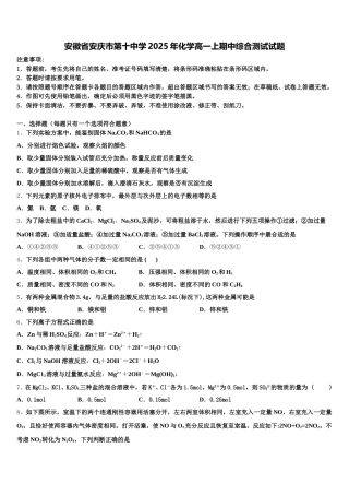 安徽省安庆市第十中学2025年化学高一上期中综合测试试题含解析