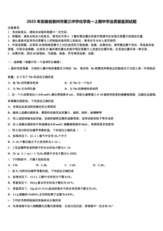 2025年安徽省滁州市第三中学化学高一上期中学业质量监测试题含解析