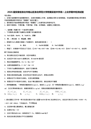 2026届安徽省淮北市相山区淮北师范大学附属实验中学高一上化学期中检测试题含解析