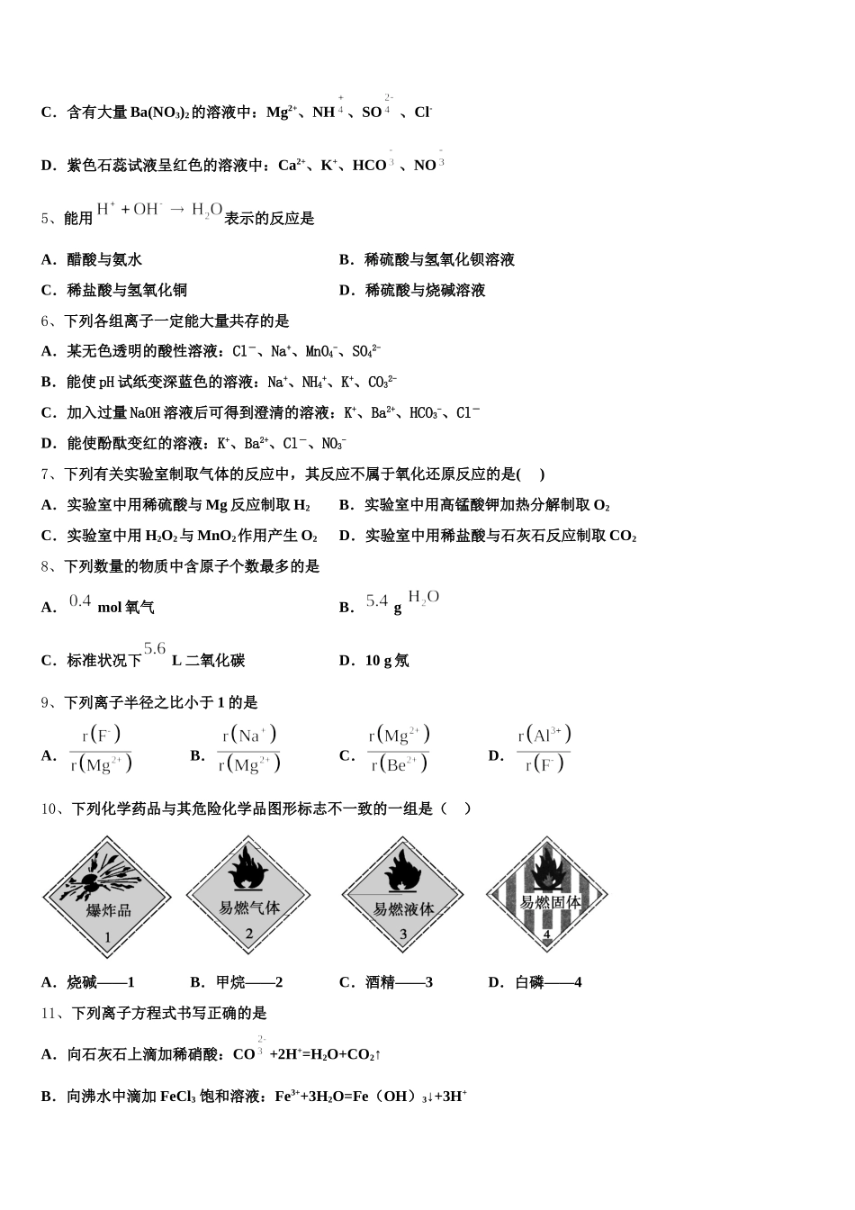 2025-2026学年安徽省阜阳市临泉县第一中学高一化学第一学期期中教学质量检测模拟试题含解析_第2页
