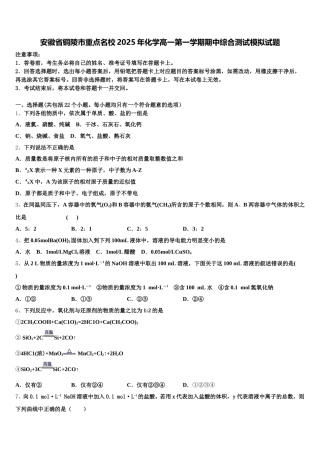 安徽省铜陵市重点名校2025年化学高一第一学期期中综合测试模拟试题含解析