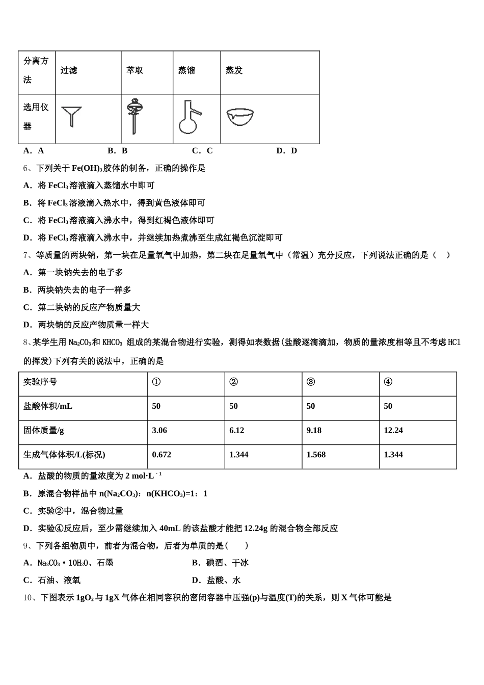 安徽凤阳县城西中学2025-2026学年化学高一第一学期期中联考试题含解析_第2页