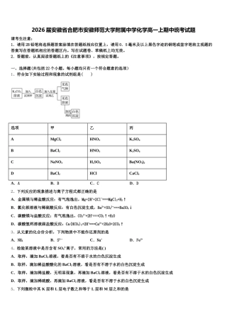 2026届安徽省合肥市安徽师范大学附属中学化学高一上期中统考试题含解析