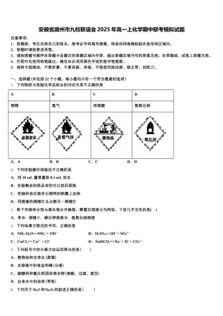安徽省滁州市九校联谊会2025年高一上化学期中联考模拟试题含解析