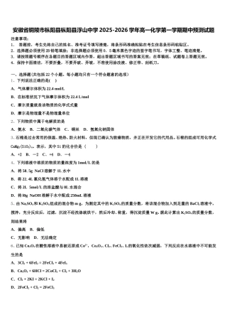 安徽省铜陵市枞阳县枞阳县浮山中学2025-2026学年高一化学第一学期期中预测试题含解析