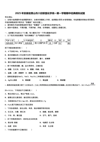 2025年安徽省黄山市八校联盟化学高一第一学期期中经典模拟试题含解析