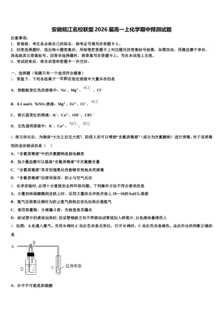 安徽皖江名校联盟2026届高一上化学期中预测试题含解析