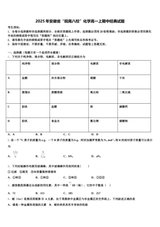 2025年安徽省“皖南八校”化学高一上期中经典试题含解析