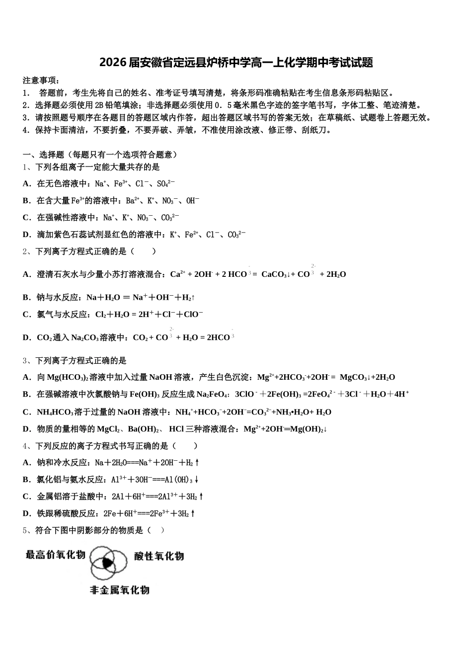 2026届安徽省定远县炉桥中学高一上化学期中考试试题含解析_第1页