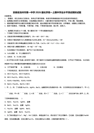 安徽省池州市第一中学2026届化学高一上期中学业水平测试模拟试题含解析